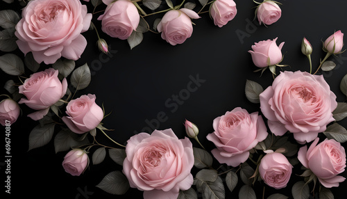 Close up of decorative pink rose flower and petals isolated on black table background. floral frame. Greeting card design for wedding  birthday  valentine etc.
