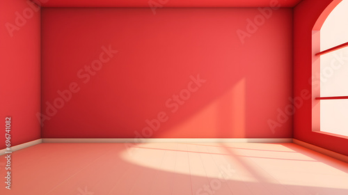 red wall and smooth floor with beautiful window shadow and sun glare. Universal background for product presentation.