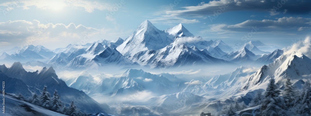 Frozen wasteland snow mountains panorama, Generate with Ai