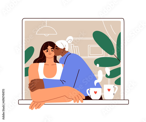 Lesbian love couple at home. LGBT woman kissing, hugging girl partner. House window with romantic female valentines, partners embracing. Flat graphic vector illustration isolated on white background