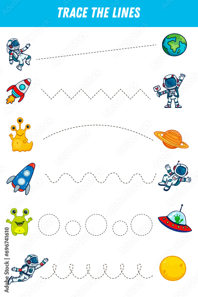 Tracing lines for kids. Cute cartoon astronaut, monster, ufo, planets, rocket. Handwriting practice. Educational game for preschool kids. Activity page. 