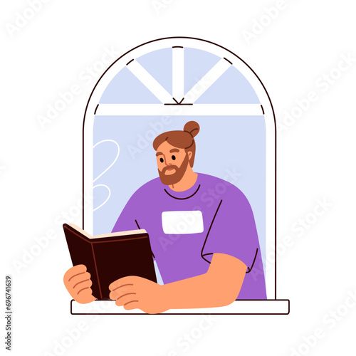 Man reading book, looking out open window. Reader studying at home, apartment. Happy character with literature at leisure. Student with textbook. Flat vector illustration isolated on white background