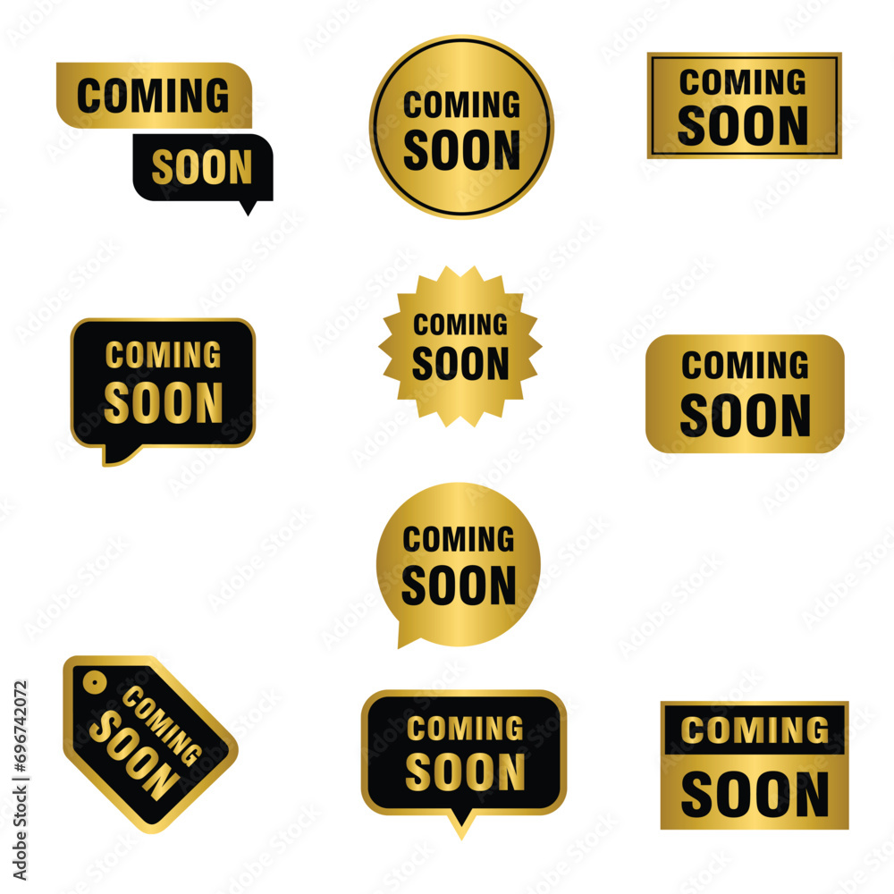 Fototapeta premium Set of coming soon golden banners, coming soon gold signs