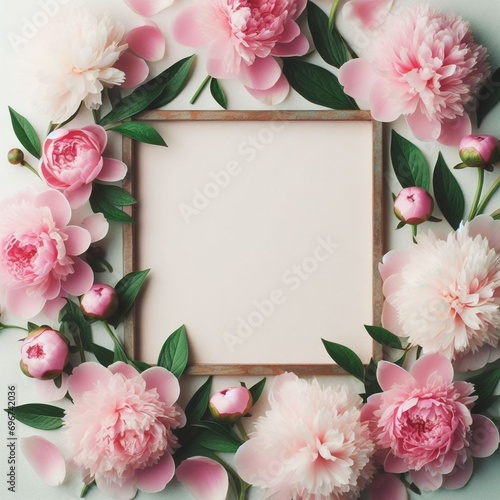 Fototapeta Naklejka Na Ścianę i Meble -  Pink background with peony fresh flowers and petals with the wooden frame for text copy space. 