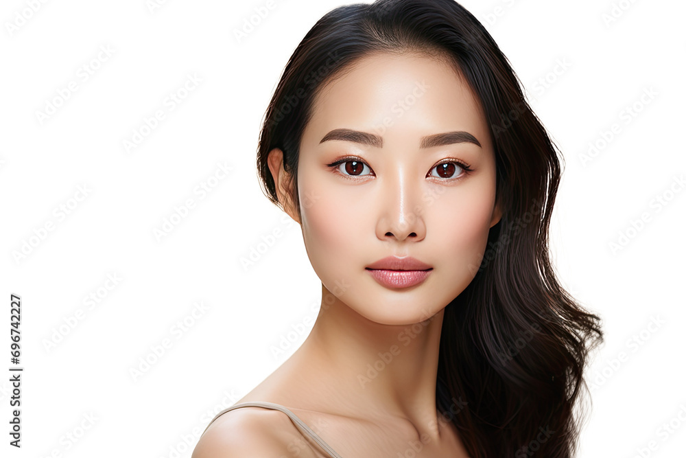 Studio portrait of a beautiful young asian woman with clean fresh and healthy skin isolated on white transparent background.