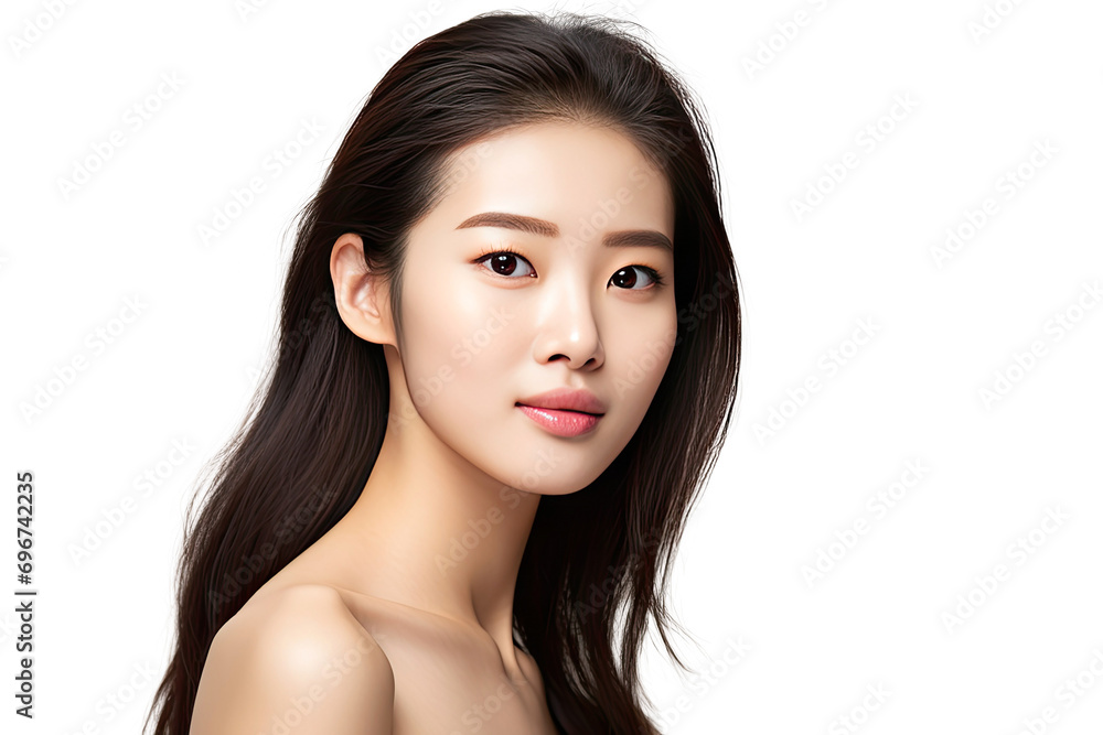 Fototapeta premium Studio portrait of a beautiful young asian woman with clean fresh and healthy skin isolated on white transparent background.