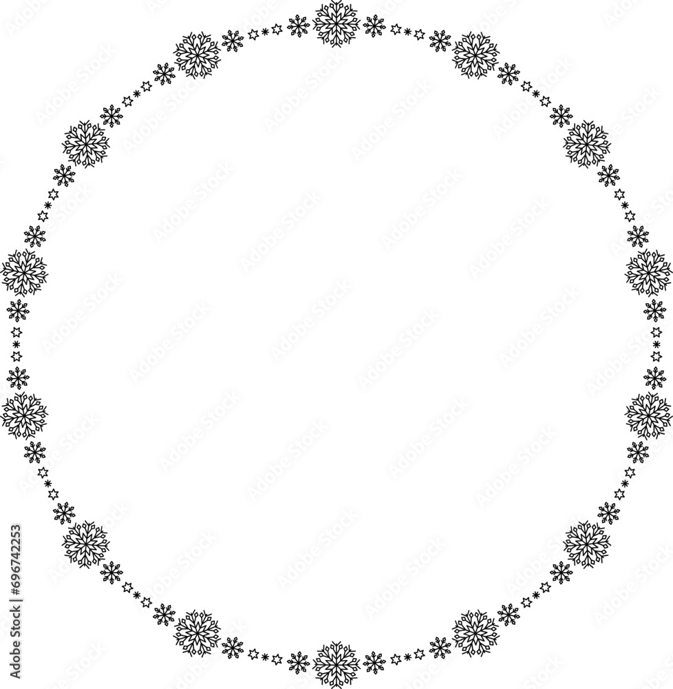 Naklejka premium Snowflake circle frame. Winter snowflake round border.