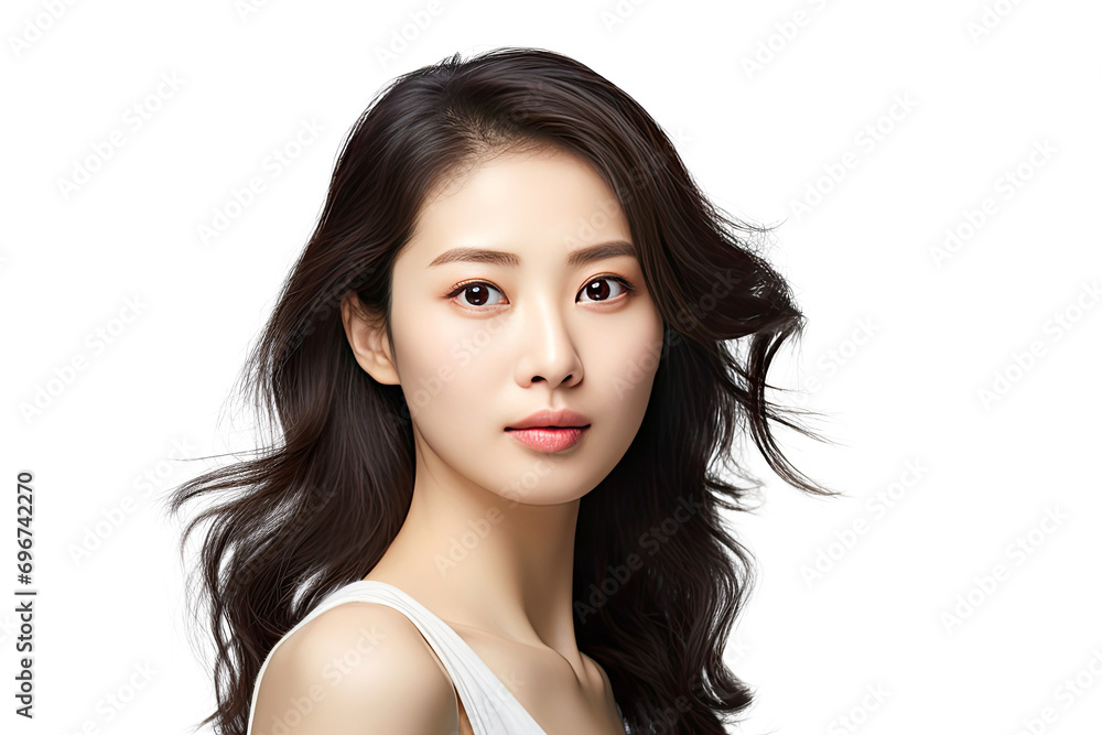 Studio portrait of a beautiful young asian woman with clean fresh and healthy skin isolated on white transparent background. Studio portrait of a beautiful young asian woman with clean fresh and healthy skin isolated on white transparent background.