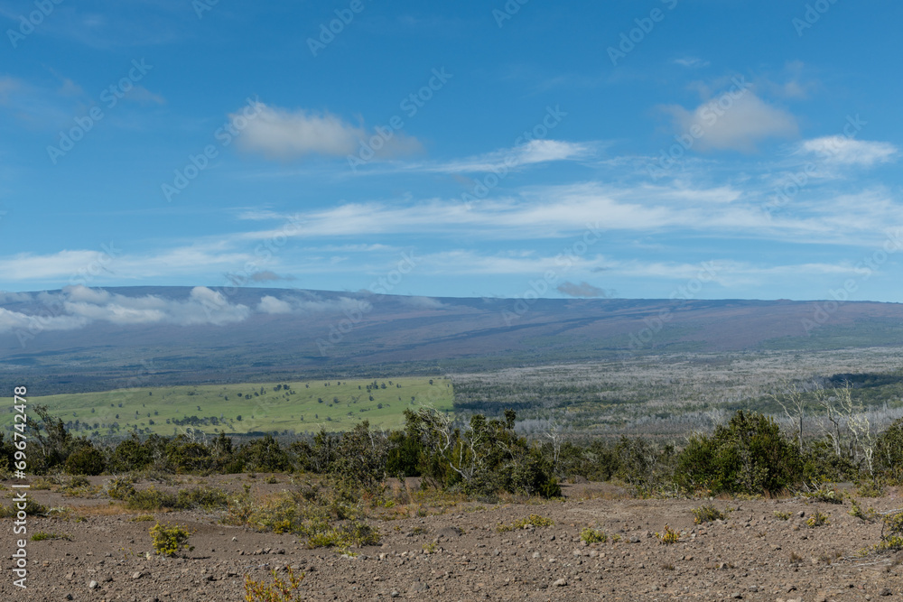 Scenic panoramic Mauna Loa vista from the Kilauea Crater rim at the Volcanoes National Park on the Big Island of Hawaii 