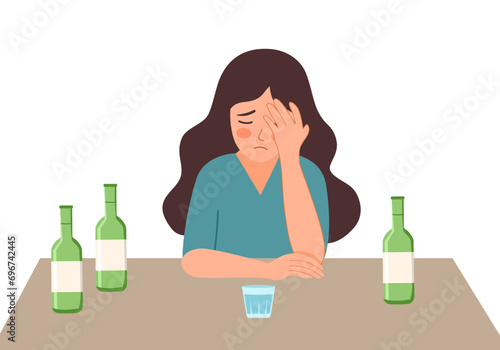 Woman drinking soju Korean alcohol drink in flat design on white background.