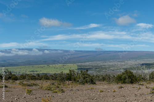 Scenic panoramic Mauna Loa vista from the Kilauea Crater rim at the Volcanoes National Park on the Big Island of Hawaii 