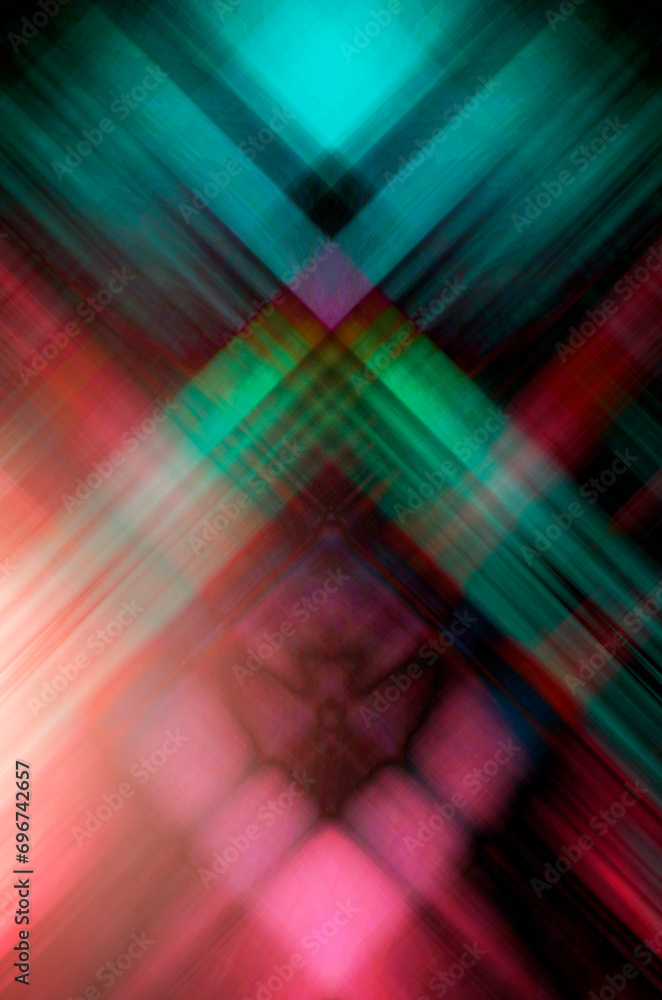 Abstract futuristic pink and turquoise background. Rays and lines, symmetrical reflection and dark space. Vertical illustration. Abstract futuristic pink and turquoise background. Rays and lines, symmetrical reflection and dark space. Vertical illustration.