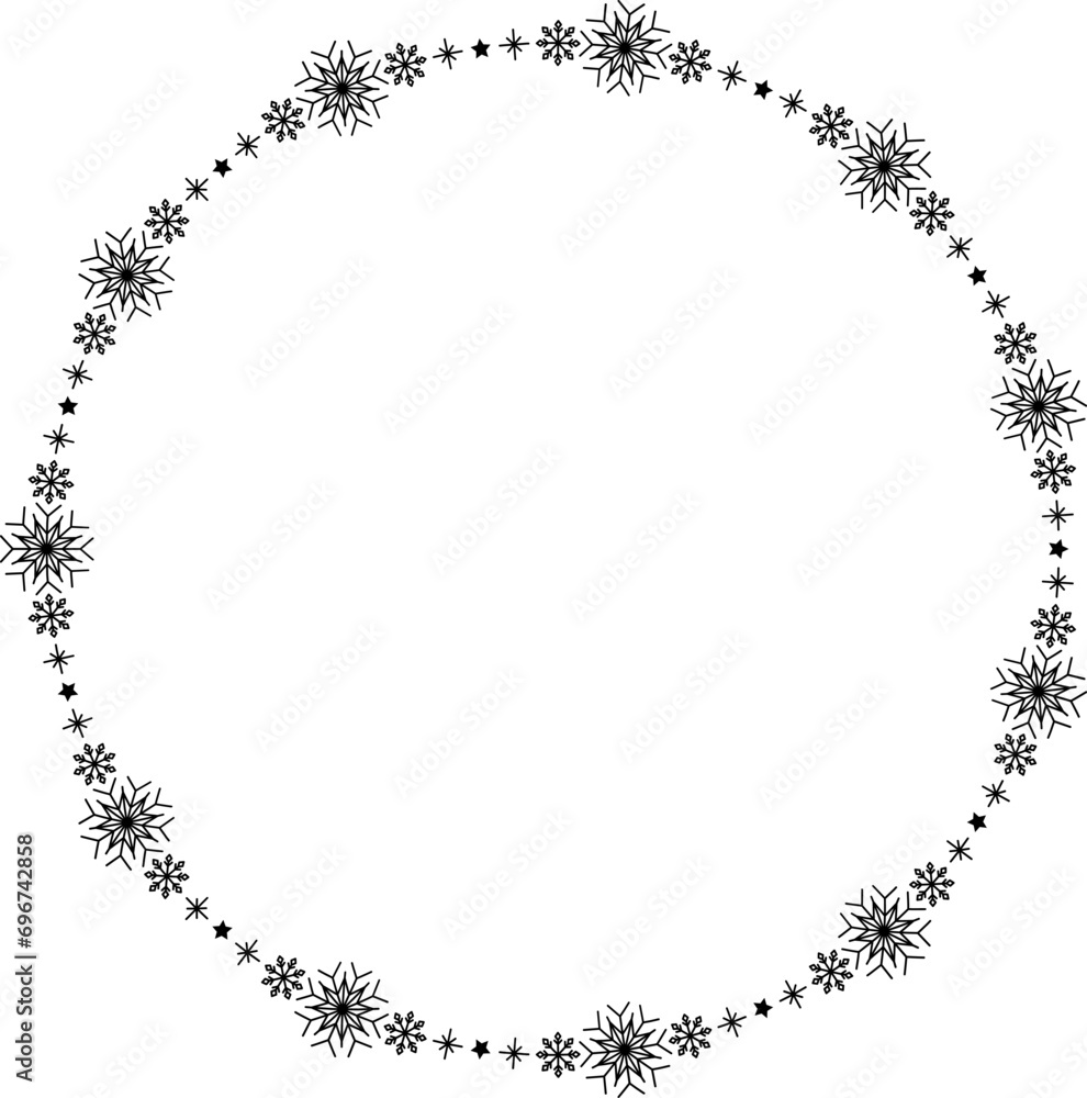 Snowflake circle frame. Winter snowflake round border. Snowflake circle frame. Winter snowflake round border.