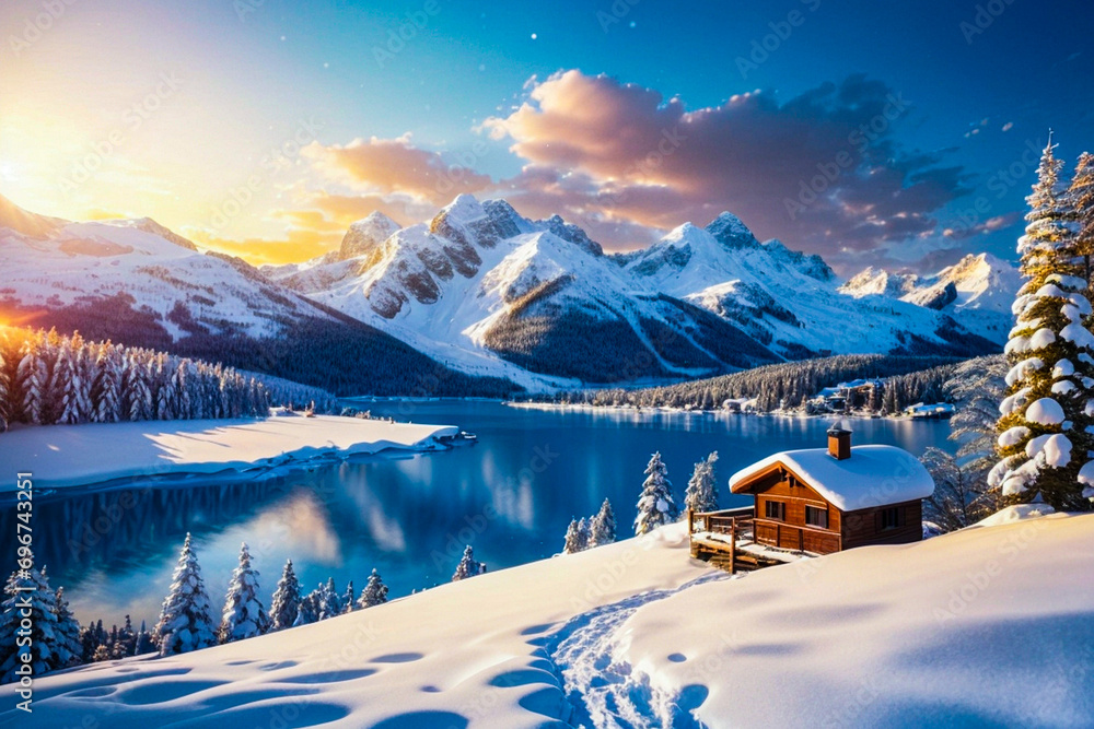 Snow mountain range at sunset with foggy weather. lake in the mountains. Peacefully landscape wallpaper for relaxing vibes