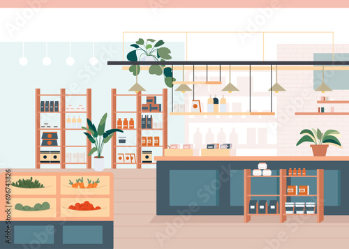 Vector illustration of store interior design and layout. Shelves and racks with carefully laid out different categories of products and interior items. Calm atmosphere in a small grocery store.
