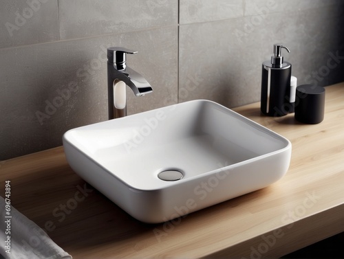 White square vessel sink and chrome faucet. Minimalist interior design of modern bathroom