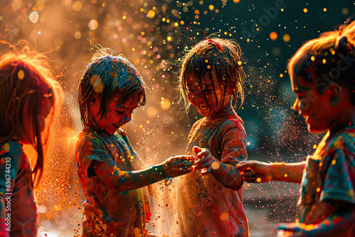 Group of children playing with color powder at a Holi party celebration