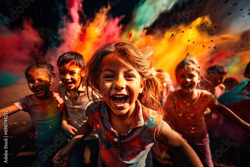 Group of excited children celebrating a holi party