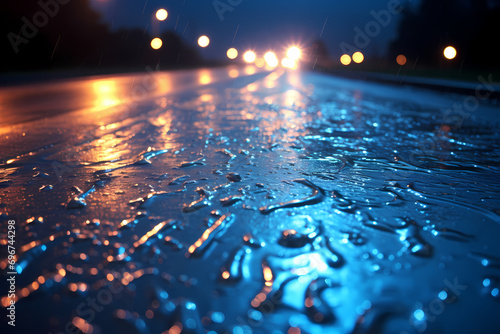 Visible rain drops on a road by night, light, cars, generative ai, generative, ai
