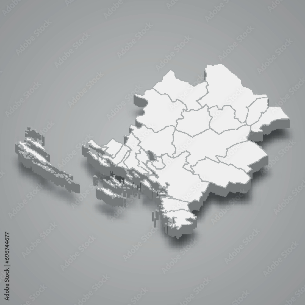 3d isometric map of Sibenik-Knin is a county of Croatia