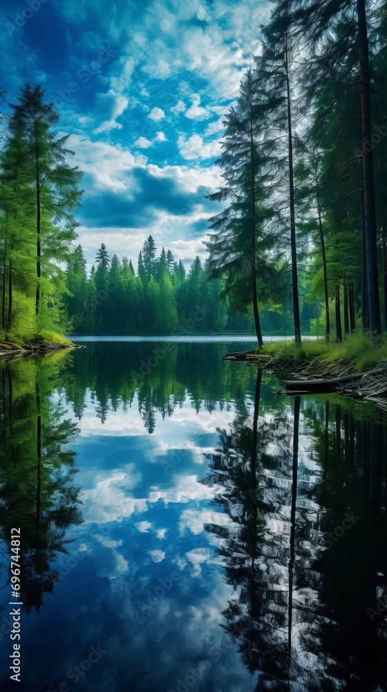 Panoramic quiet forest lake with reflection of trees on quiet water Panoramic quiet forest lake with reflection of trees on quiet water