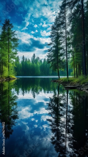 Panoramic quiet forest lake with reflection of trees on quiet water © ColdFire