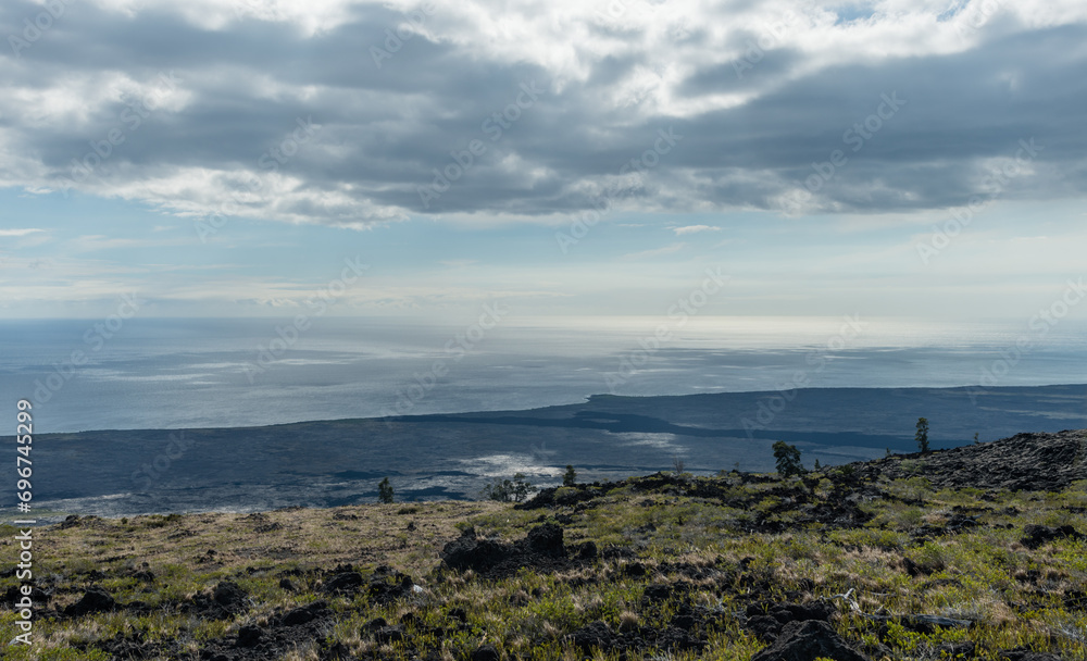 Scenic aerial panoramic volcanic coast vista at the Volcanoes National Park on the Big Island of Hawaii Scenic aerial panoramic volcanic coast vista at the Volcanoes National Park on the Big Island of Hawaii