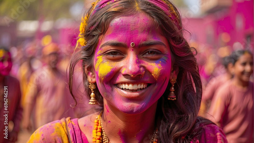 Celebration of Holi festival day colorful illustration of a Smiling Woman covered in paint illustration, showcasing the beauty and artistry of the festival