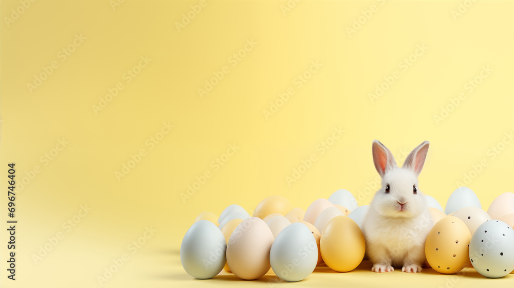 Happy easter Cute bunny sitting with colorful easter eggs dot pattern pastel yellow background with copyspace Happy easter Cute bunny sitting with colorful easter eggs dot pattern pastel yellow background with copyspace