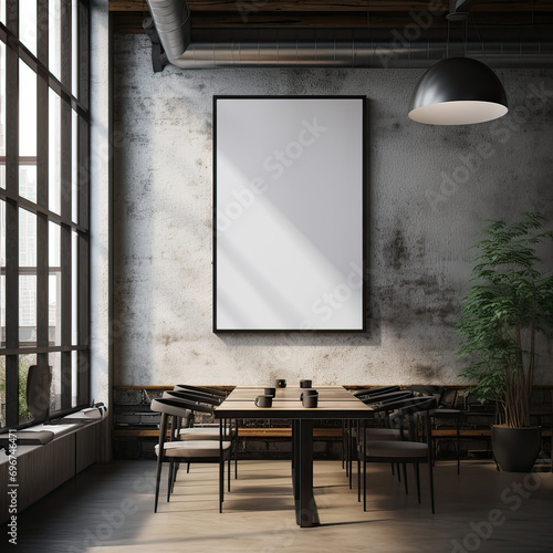 mock up poster frame in industrial interior background, coffee shop, industrial style, 3D render