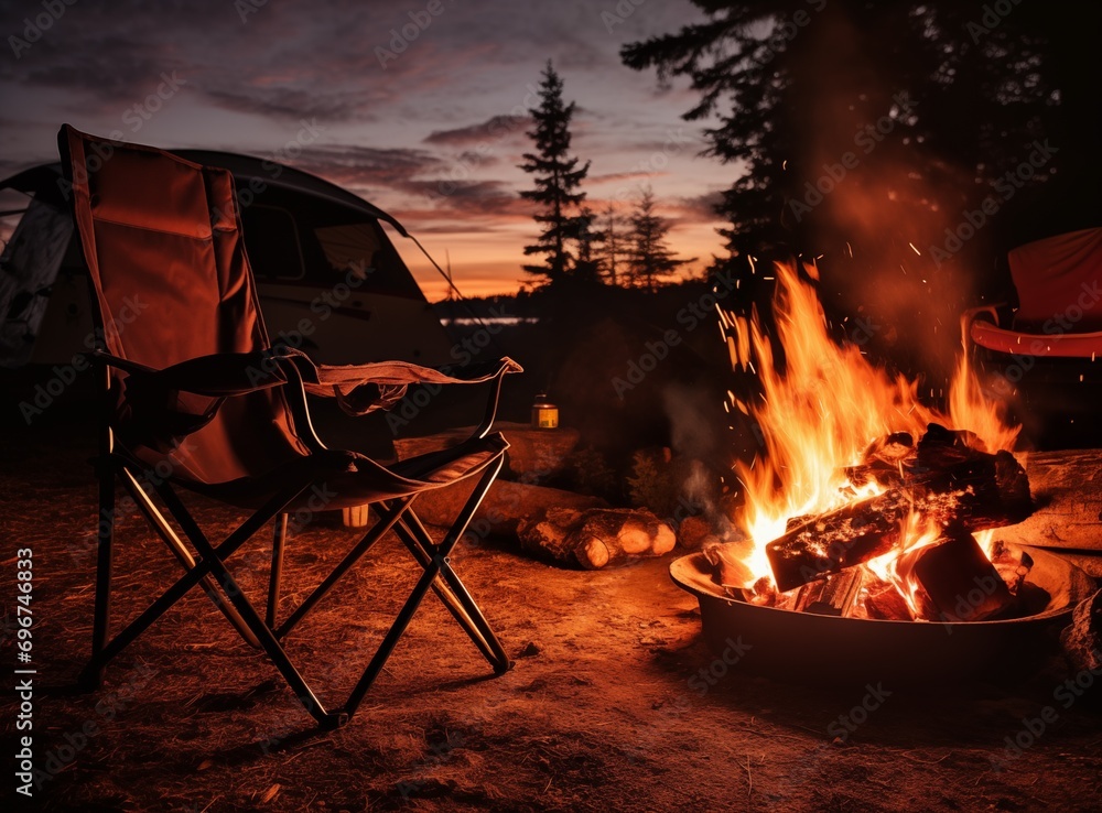 Night camping near bright fire in spruce forest under starry magical sky. Tourism, camping concept. Night camping near bright fire in spruce forest under starry magical sky. Tourism, camping concept.