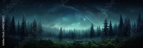 Night sky over the forest. A panoramic view of the forest under the starry night sky
