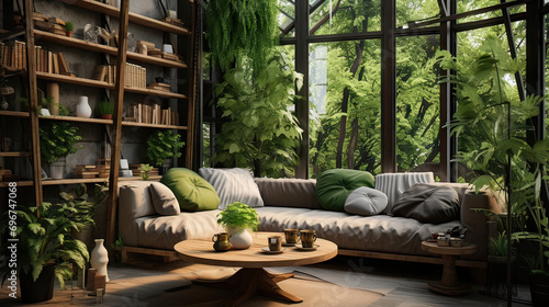 Living room with sofa and plant, modern rustic style, 3d render, 