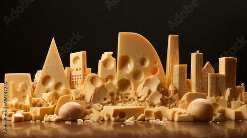 Cheese in the shape of a miniature city. Cheese urbanism. photo