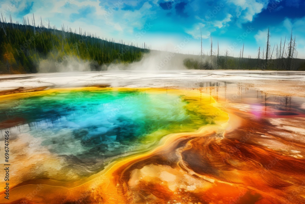 Yellowstone park hot springs. Rainbow colored water geyser wonder. Generate ai