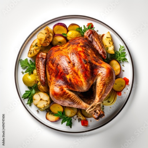 Plate of roasted turkey with vegetables on white background, top view.