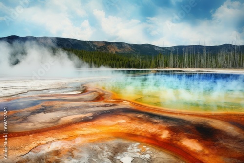 Yellowstone park hot rainbow colored springs. Bubbling thermal water in national natural park. Generate ai