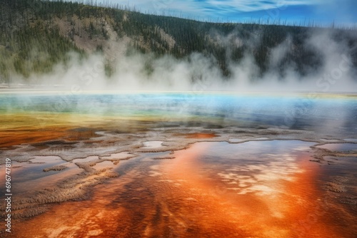 Yellowstone park hot colorful springs. Thermal rainbow colored geyser pool. Generate ai