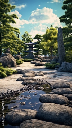 Peaceful elements of a Japanese garden. Stones, sand and sharp patterns