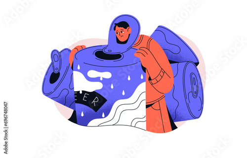 Alcohol addiction problems lineart concept. Addicted man stucks in beer can. Unhappy drunk person drinks booze from metal bottle. dependent people suffer. Flat isolated vector illustration on white