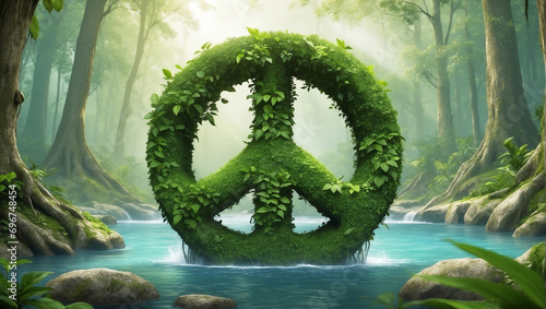 A green peace sign stands in the water in the middle of the forest. Pacifist photo
