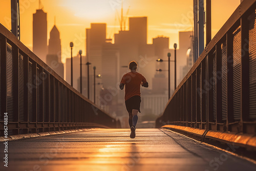A jogger runs across a bridge in a big city © artefacti