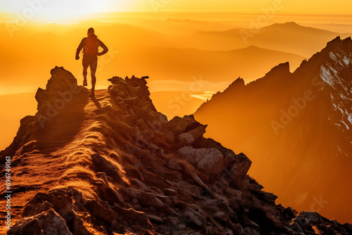 A mountain trail runner ascending towards a breathtaking summit at sunrise