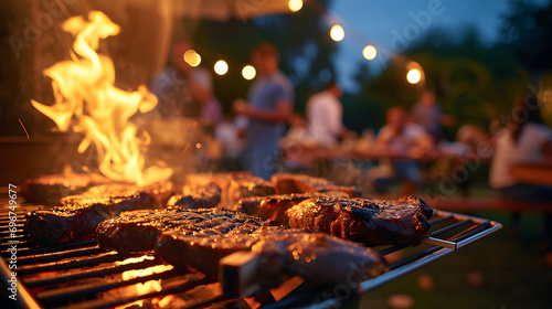 Barbecue party with people in the background, grilled steak, grilled meat, fire, summer party, barbecue in the garden, people having fun, family and friends, bbq photo