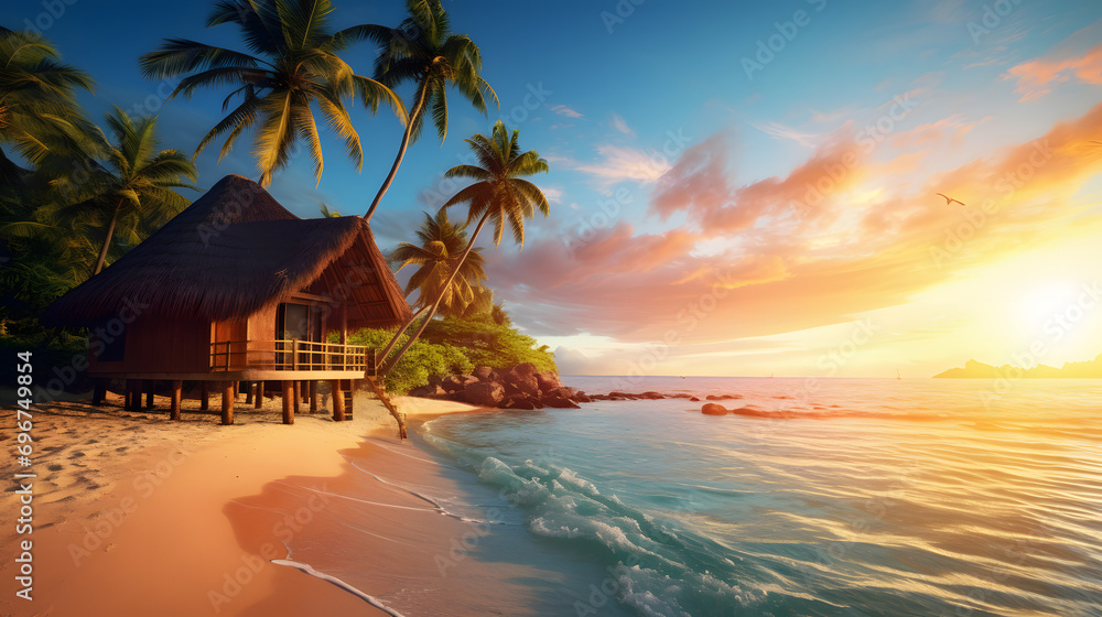 Beautiful seascape tropical beach with white sand, palm tree and bungalow, turquoise water of ocean on sunset. Summer vacation