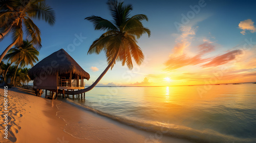 Beautiful seascape tropical beach with white sand, palm tree and bungalow, turquoise water of ocean on sunset. Summer vacation © Sticker