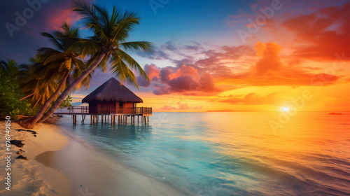 Beautiful seascape tropical beach with white sand  palm tree and bungalow  turquoise water of ocean on sunset. Summer vacation