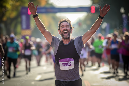 A runner crossing the finish line with his arms raised and a beaming smile on his face