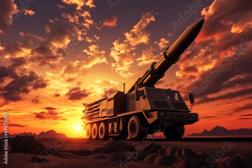 A nuclear ballistic missile on wheels against a sunset background photo