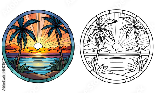 Hawaiian Beach: Stained Glass Style, Coloring Page, Flat Color Cover Design Vector